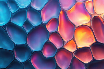 Poster - Abstract image of iridescent, interconnected, organic shapes resembling cells or liquid, with a gradient of blues, purples, and oranges.
