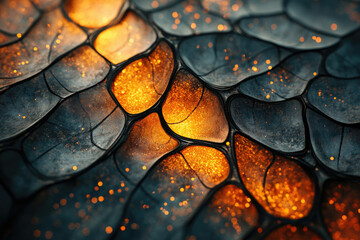 Fototapete - Abstract art featuring a dark, textured surface with glowing golden accents, resembling scales or cells.