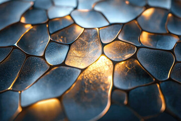 Poster - Abstract image of an intricate, glowing, metallic network resembling a complex cellular structure.
