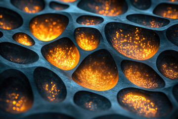 Poster - Abstract image of glowing orange particles within dark, organic, cavernous forms.
