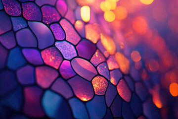 Poster - Abstract mosaic pattern with vibrant purple, pink, and orange hues, illuminated by warm bokeh lights.