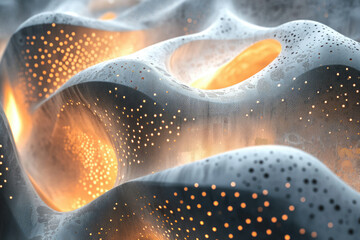Poster - Abstract 3D render of a flowing, perforated structure with warm inner light, creating a futuristic, biomorphic design.