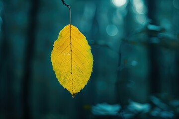 Poster - Yellow leaf withering on a branch during the autumn season with a blurred forest background