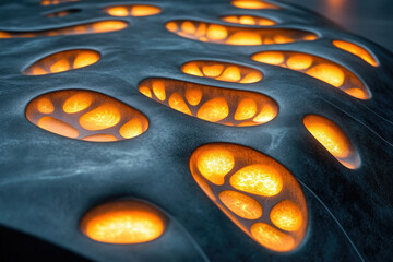 Poster - Glowing orange magma flows within dark, organic-shaped cavities on a textured surface.
