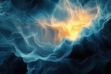 Fototapete - Abstract art depicting swirling, ethereal clouds in shades of blue and gold, creating a dreamy, celestial scene.