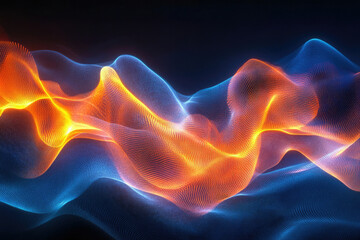 Poster - Abstract digital art depicting flowing, luminous waves of blue and orange particles.