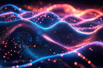 Poster - Abstract digital wave of glowing particles, vibrant blue and orange hues, creating a dynamic and energetic visual.