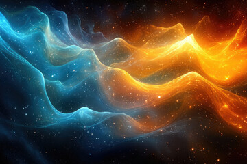 Poster - Abstract cosmic landscape of glowing nebulae in vibrant blue and orange hues, interspersed with stars.