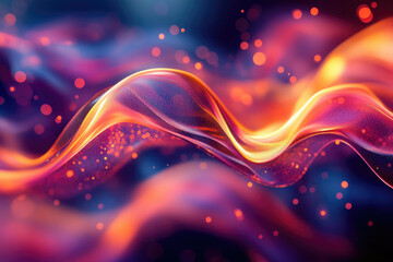 Poster - Abstract flowing wave of vibrant orange and purple hues, shimmering with golden particles against a dark background.