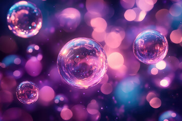Poster - Floating iridescent spheres reflecting vibrant purple and pink bokeh lights.