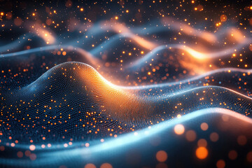 Poster - Abstract digital landscape of glowing particles forming a wavy surface with orange and blue hues.