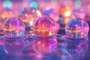 Leinwandbilder - Three iridescent orbs rest on a shimmering surface, reflecting vibrant, multicolored lights.
