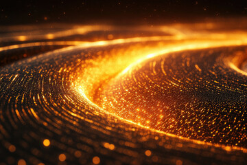 Poster - Abstract golden wave of glittering particles, glowing with bright light in dark space.
