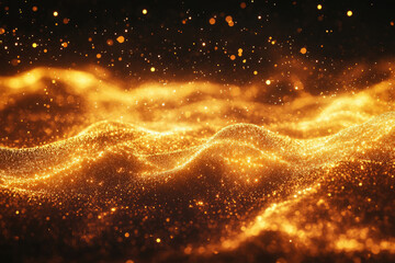 Aufkleber - Golden particles forming undulating waves, glittering and sparkling in the dark.