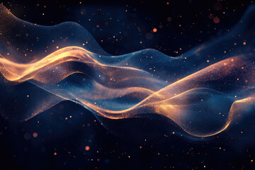 Aufkleber - Abstract waves of golden and blue particles shimmer in the dark, creating a cosmic, ethereal scene.
