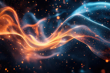 Poster - Abstract cosmic swirls of orange and blue energy with glowing particles in a dark space.
