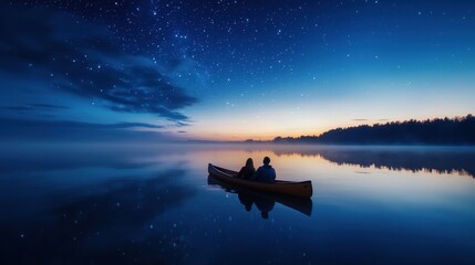 Wall Mural - A couple is in a canoe on a lake at night