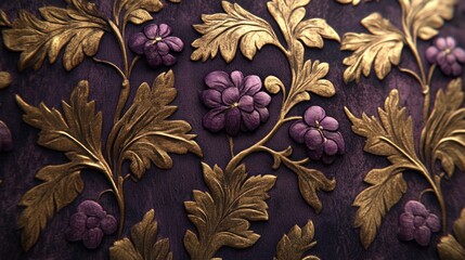 Canvas Print - Gold floral embossed purple texture background