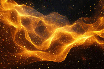 Poster - Golden cosmic dust wave, glittering particles flowing in a dark space, abstract celestial art.
