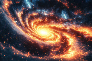 Poster - Fiery cosmic swirl, a vibrant galaxy with swirling orange and blue nebulae, stars, and dust.
