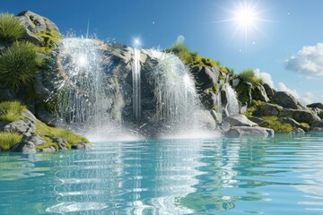 Poster - Serene waterfall cascading into a crystal-clear pool, bathed in sunlight.