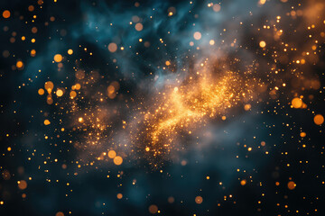 Poster - Glowing golden sparks and blue smoke swirl in dark background, creating a magical, cosmic scene.