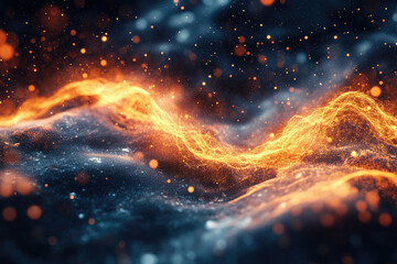 Poster - Abstract fiery energy wave flowing across a dark, glittering landscape, glowing with bright sparks.