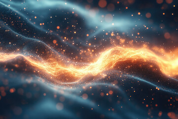Poster - Abstract glowing wave of particles, energy, and light in a dark blue and orange background.