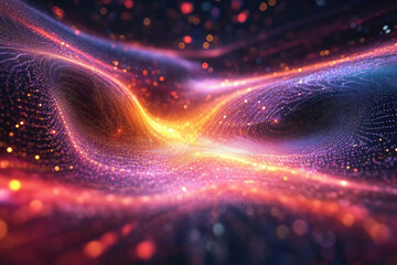 Aufkleber - Abstract digital art depicting a flowing, luminous wave of particles with vibrant colors and bokeh effects.