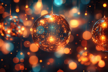 Aufkleber - Glowing Christmas ornaments reflecting a cosmos of warm light and bokeh, festive and magical.