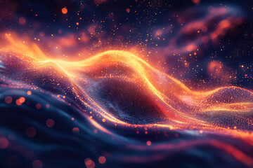 Poster - Abstract wave of glowing particles, vibrant orange and blue hues, cosmic dust, energy flow.