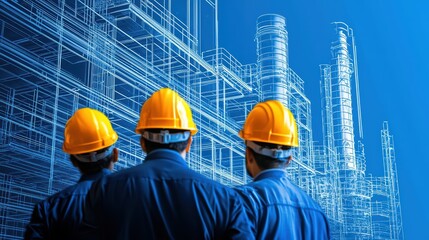 Poster - Engineers Examining Industrial Blueprint Concepts with Safety Helmets