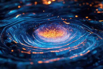 Fototapete - A mesmerizing vortex of vibrant blue liquid with a radiant orange core, glowing with energy.
