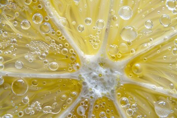 Poster - close up of a lemon slice immersed in water, creating a refreshing visual with numerous bubbles