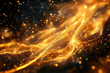 Poster - Abstract golden particles flowing, creating a luxurious and elegant wavy pattern against a dark background.
