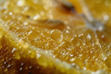 Poster - Close up macro photograph showcasing glistening water droplets on a vibrant orange slice, capturing the refreshing essence of citrus fruit
