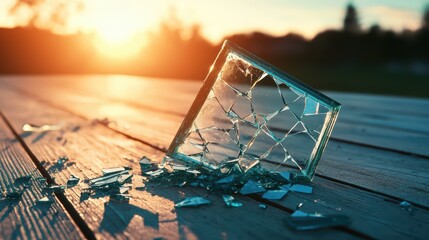 Poster - Shattered Glass on Wooden Surface During Sunset Glow