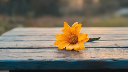 Poster - Single Yellow Flower on Rustic Wooden Table in Natural Setting