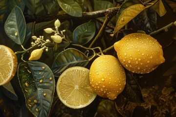 Poster - close up of ripe lemons growing on a tree branch, covered with water droplets, showcasing a halved l