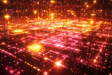 Aufkleber - Glowing grid network, digital data streams, abstract technology background, vibrant red and orange hues.