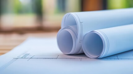 Poster - Blueprints and Architectural Plans Rolled on a Desk Surface