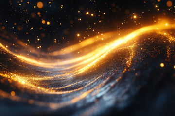 Aufkleber - Glowing golden particles flow in dark space, creating a wavy, abstract texture.