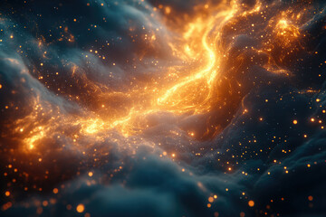 Poster - Glowing cosmic nebula, swirling golden energy amidst dark clouds, sparkling dust and ethereal light.