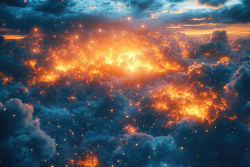 Poster - A breathtaking celestial scene: fiery clouds illuminated by countless stars, creating a mesmerizing cosmic landscape.