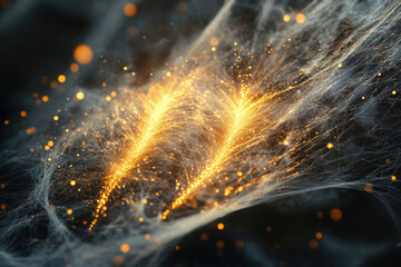 Aufkleber - Glowing golden particles forming intricate web-like structures in dark space, abstract digital art.