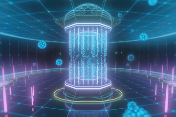 Poster - Futuristic digital chamber with glowing particles, data streams, and a central energy core.