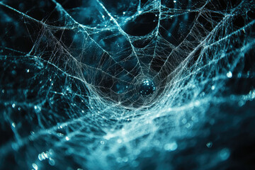 Poster - Intricate spiderweb glistening with dew, a mesmerizing natural art in dark teal hues.