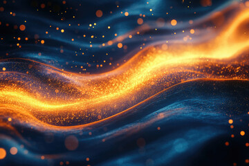 Poster - Abstract wave of glowing golden particles on a dark blue background, creating a mesmerizing visual effect.