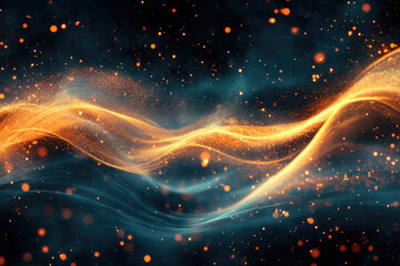 Aufkleber - Abstract cosmic wave of shimmering golden particles and blue nebula, creating a vibrant and energetic visual.