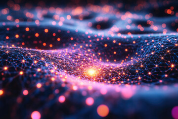 Aufkleber - Abstract digital network with glowing nodes and connections, representing data flow and connectivity.